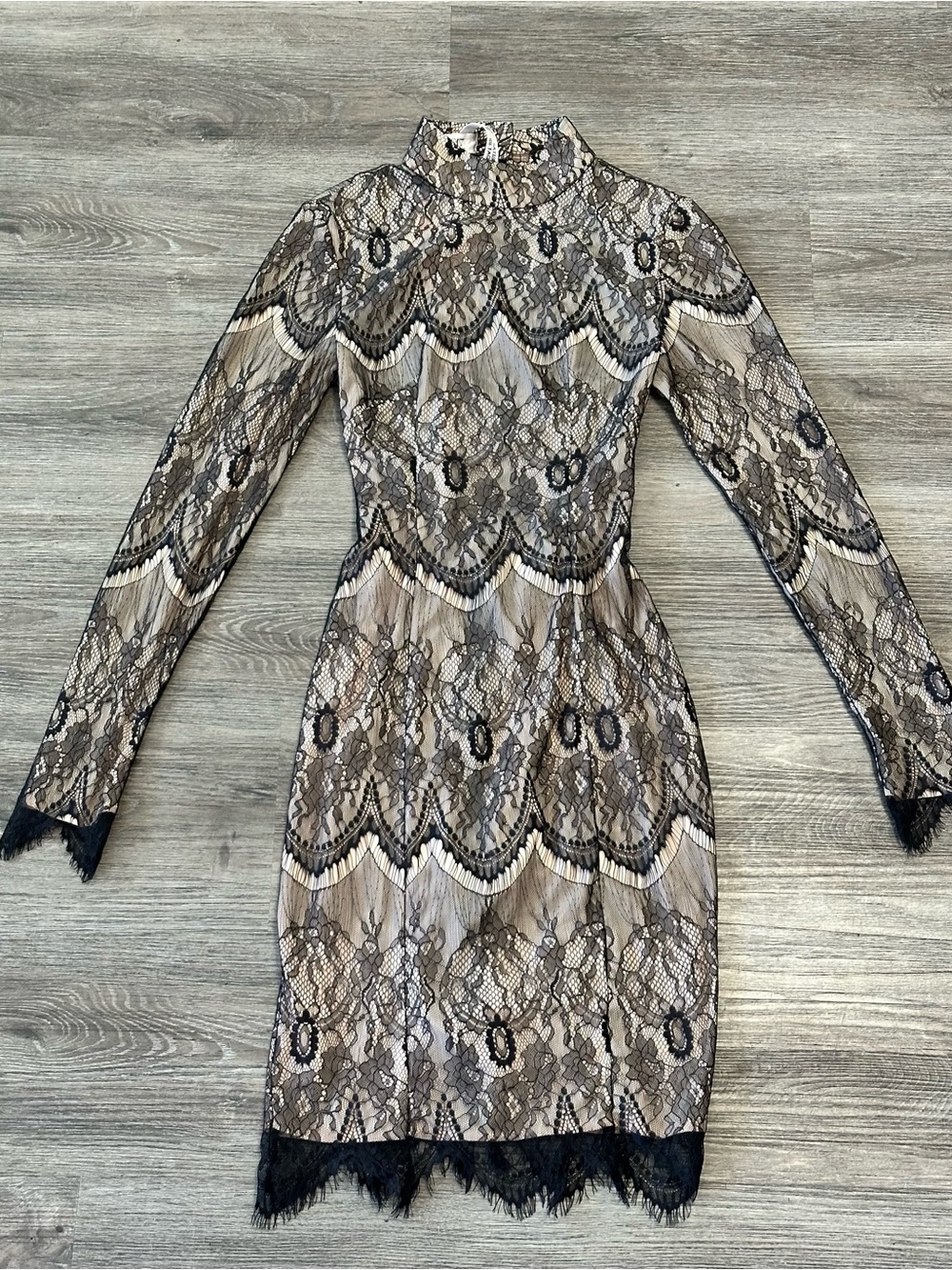 High-Neck Long Sleeve Lace Dress in Beige and Black